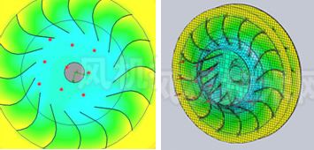 葉輪截面壓力分布云圖        葉輪內(nèi)部靜壓分布圖